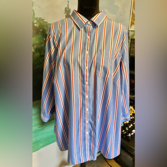 Lands' End Tops - Lands' End Blue Button-Down with Red and White Stripes
